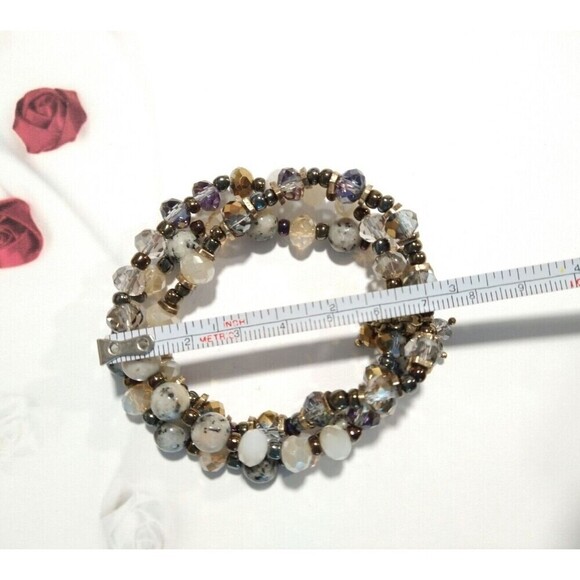 Brown Cream Three Layered Beaded Adjustable Bracelet Stretch - Picture 3 of 3